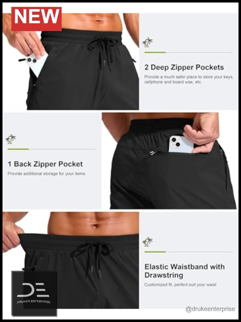 Men's Board Shorts with 3 Zipper Pockets Quick Dry Swim Trunks 11